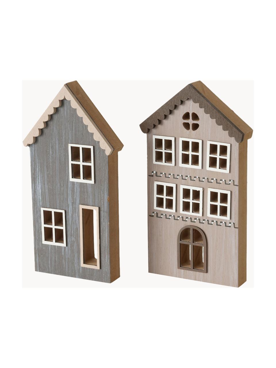 Decoratieve huisjes Ilmo, set van 4, MDF, Bruin, grijs, beige, Set met verschillende formaten