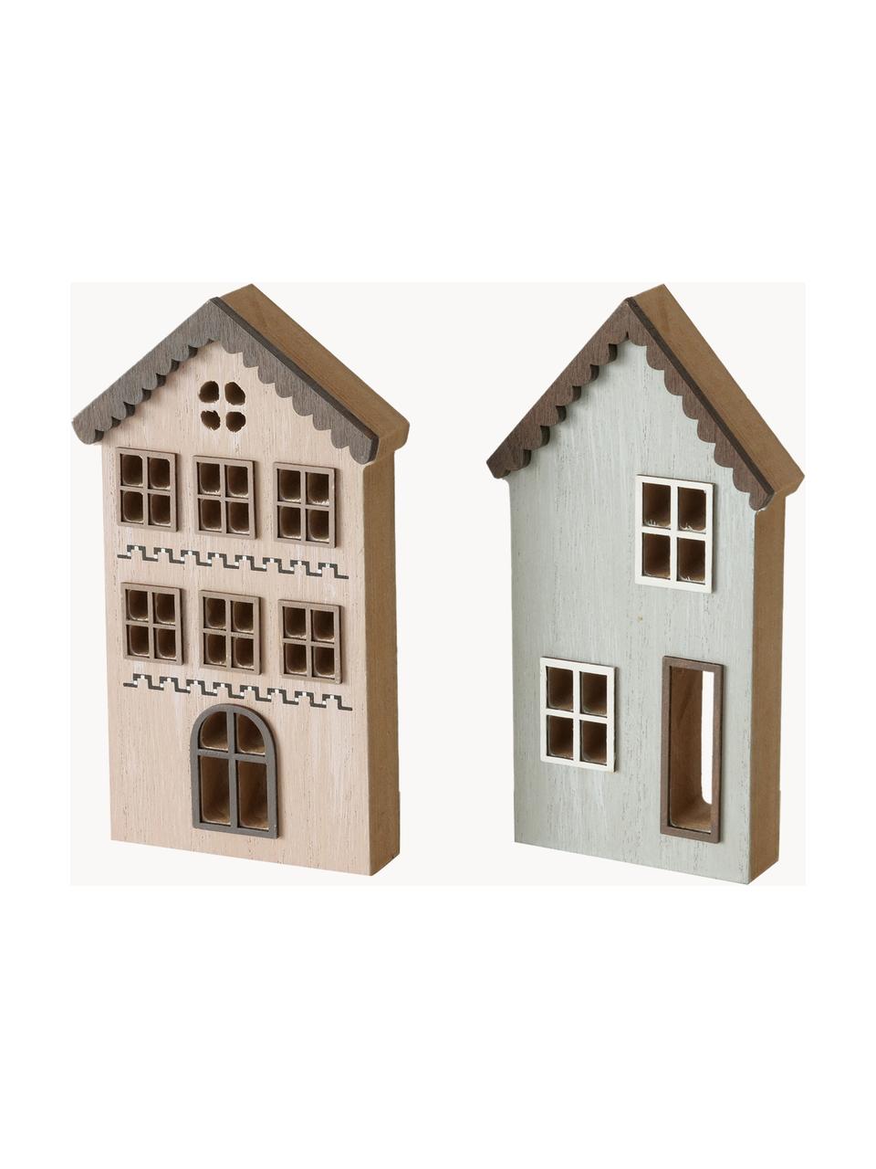 Decoratieve huisjes Ilmo, set van 4, MDF, Bruin, grijs, beige, Set met verschillende formaten