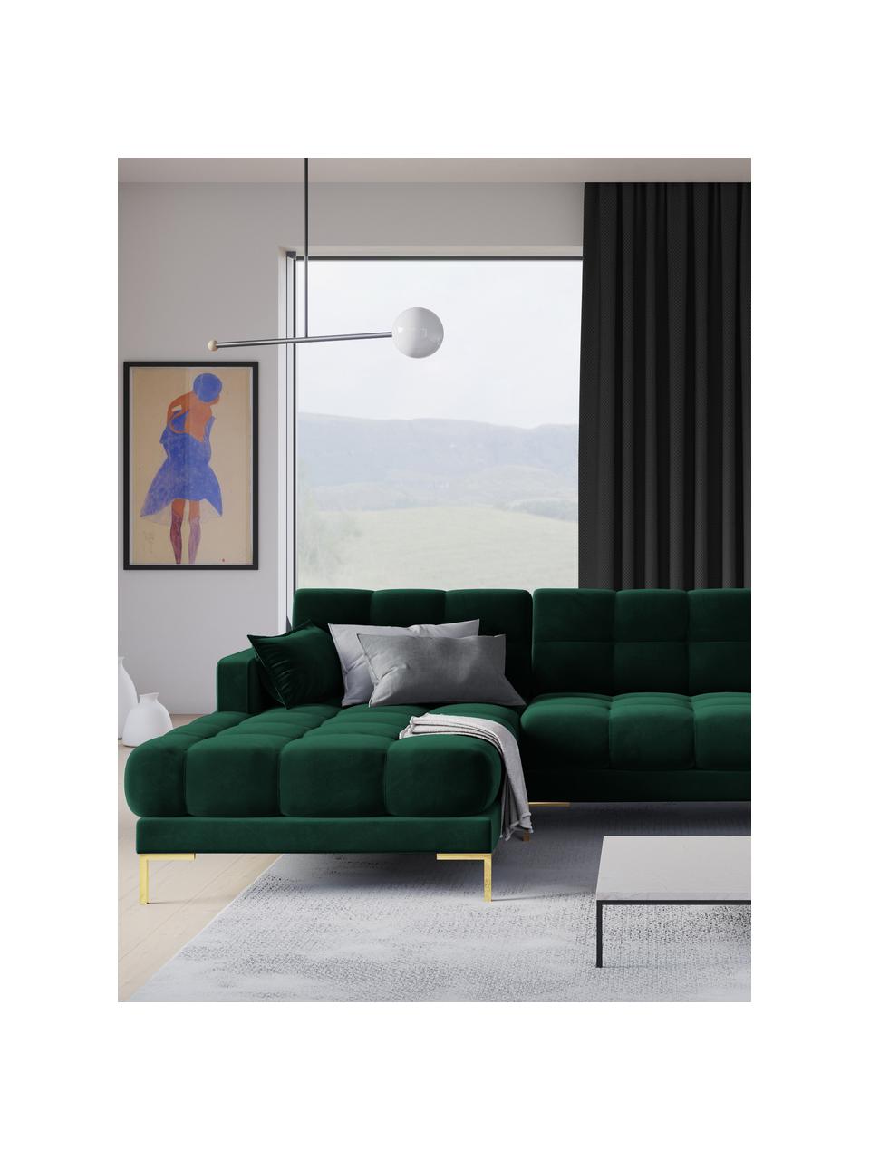 Fluwelen hoekbank Mamaia (5-zits), Frame: massief grenenhout, spaan, Fluweel flessengroen, messingkleurig, B 293 x D 185 cm, hoekdeel links