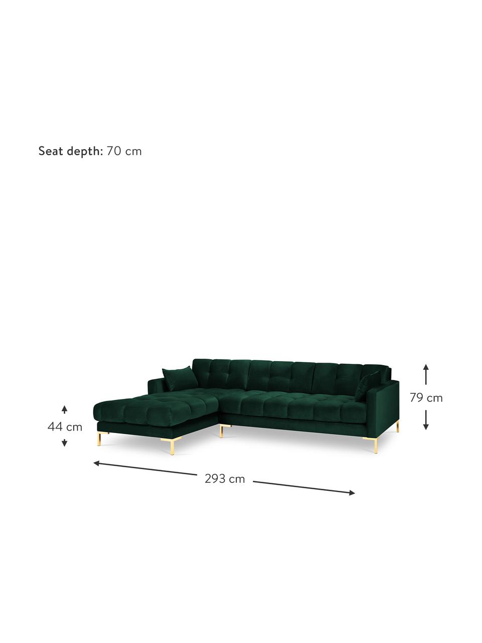 Fluwelen hoekbank Mamaia (5-zits), Frame: massief grenenhout, spaan, Fluweel flessengroen, messingkleurig, B 293 x D 185 cm, hoekdeel links