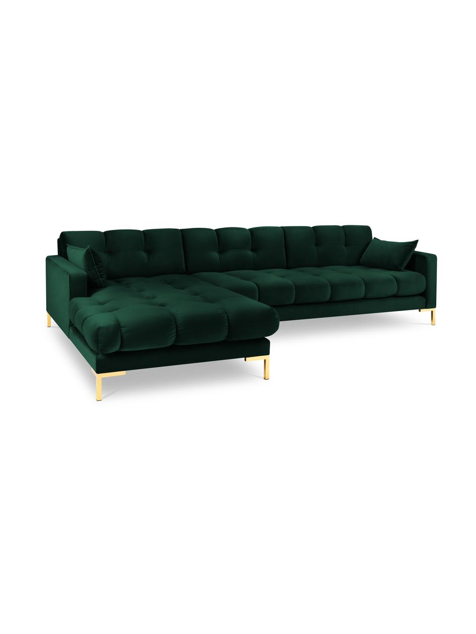Fluwelen hoekbank Mamaia (5-zits), Frame: massief grenenhout, spaan, Fluweel flessengroen, messingkleurig, B 293 x D 185 cm, hoekdeel links