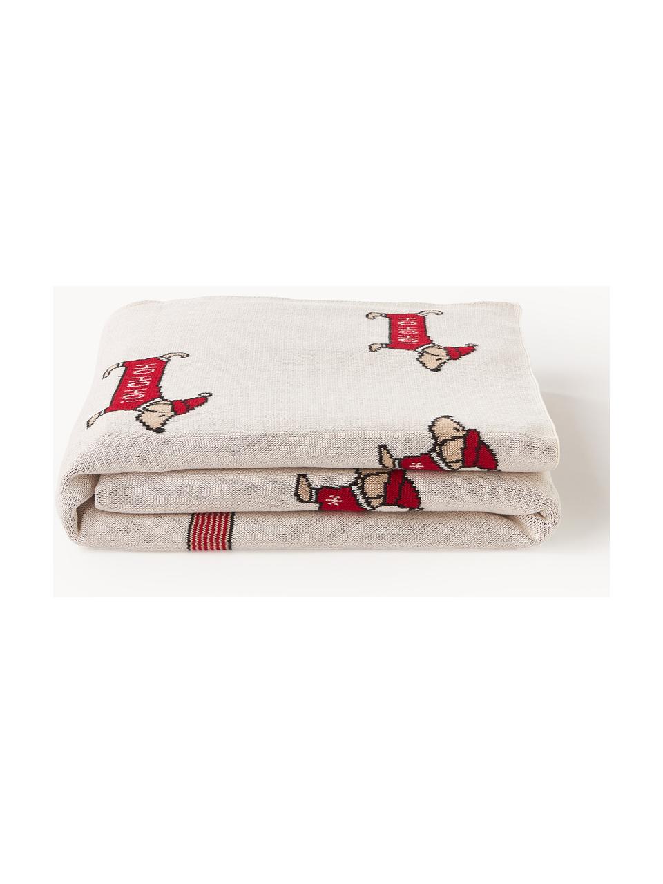 Kerst katoenen plaid Santas Little Helper, 100% katoen, Gebroken wit, rood, B 150 x L 200 cm