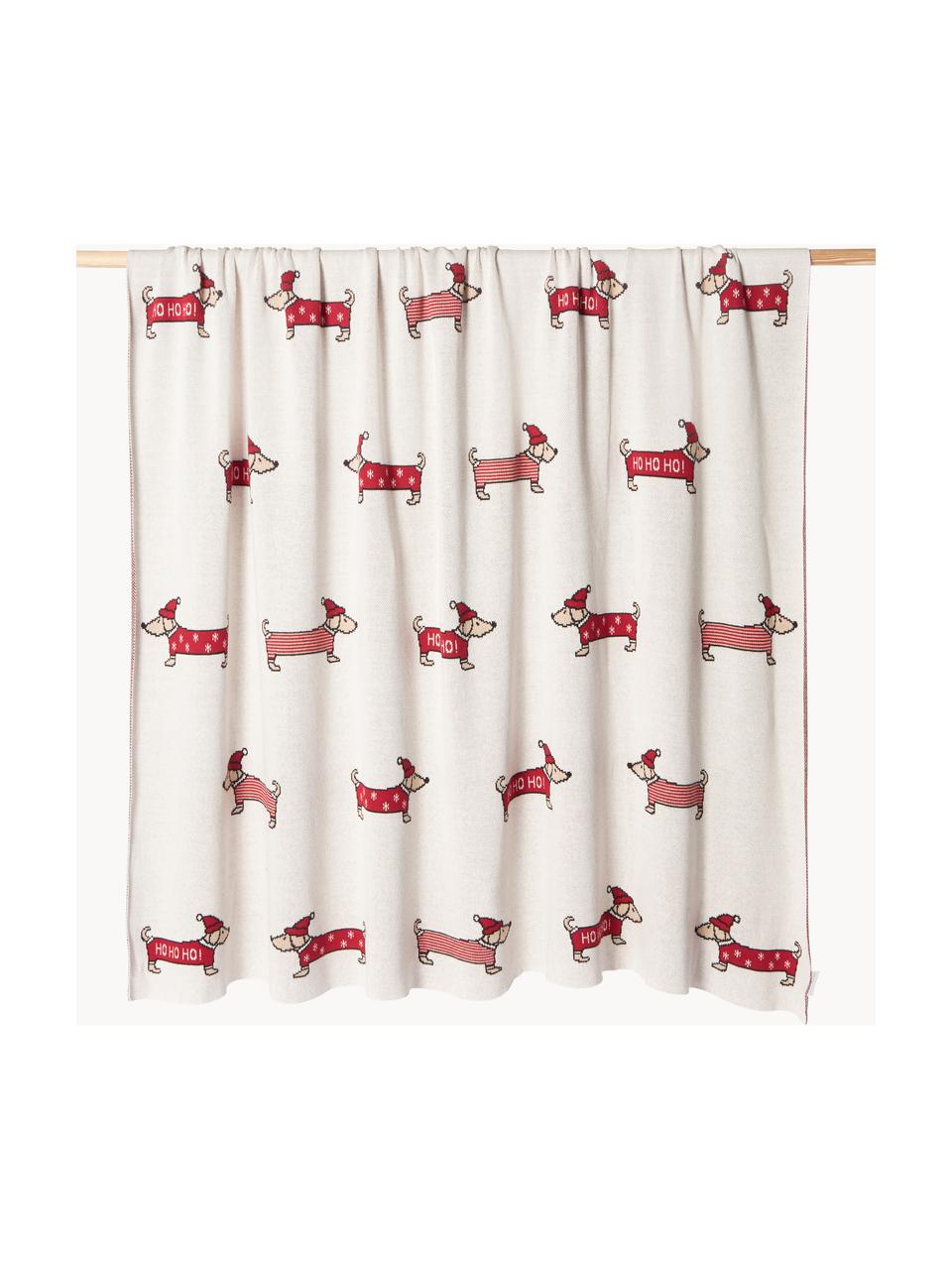 Kerst katoenen plaid Santas Little Helper, 100% katoen, Gebroken wit, rood, B 150 x L 200 cm