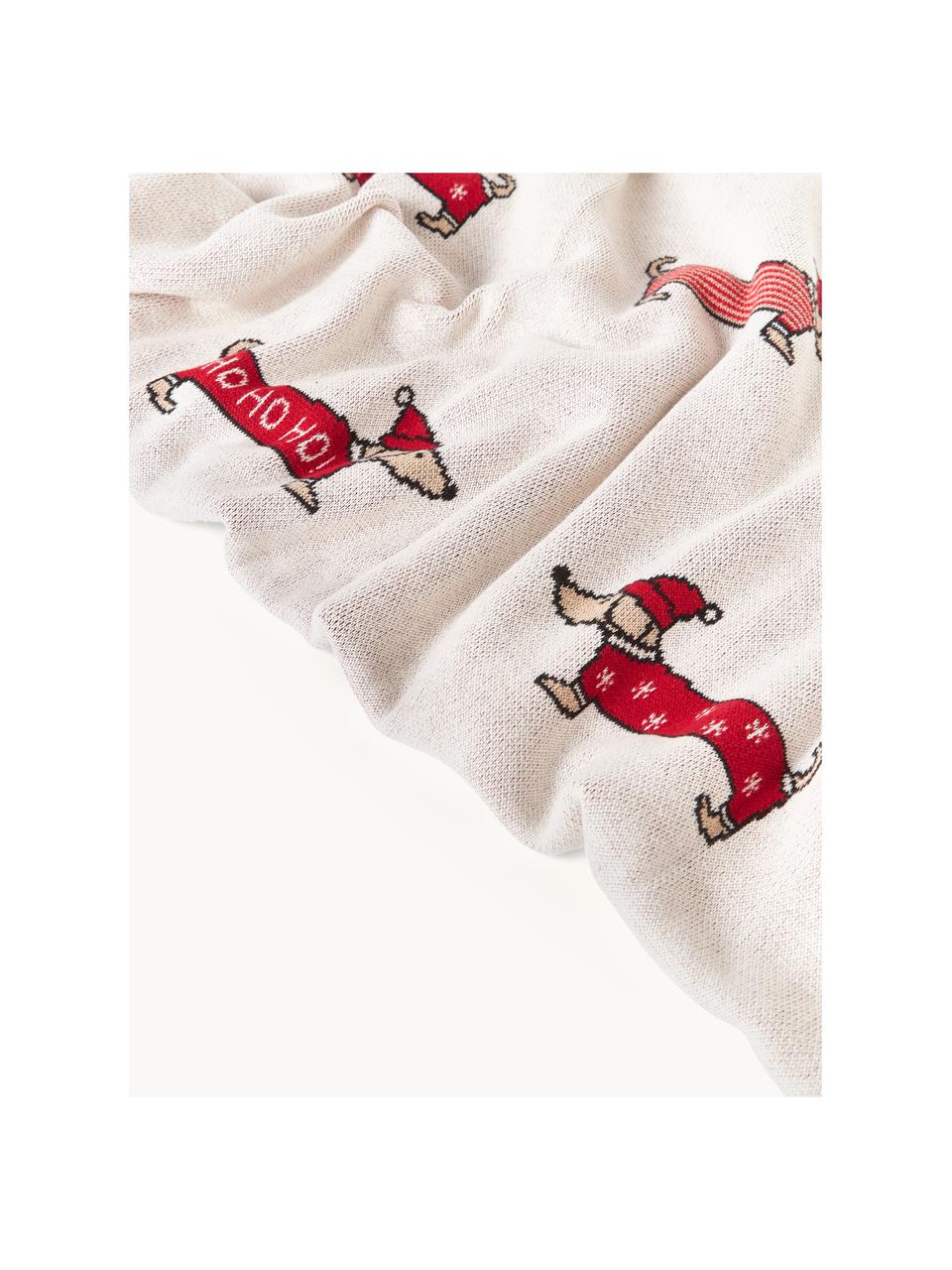 Kerst katoenen plaid Santas Little Helper, 100% katoen, Gebroken wit, rood, B 150 x L 200 cm