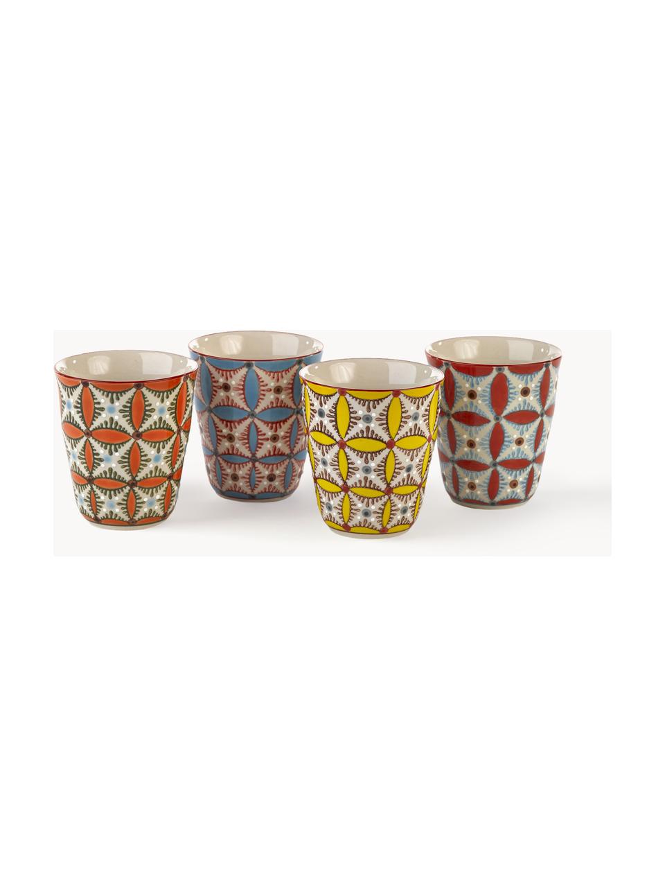 Handbemalte Becher Hippy, 4er-Set, Keramik, glasiert, Gelb, Terrakotta, Orange, Hellblau, Ø 9 x H 9 cm, 300 ml