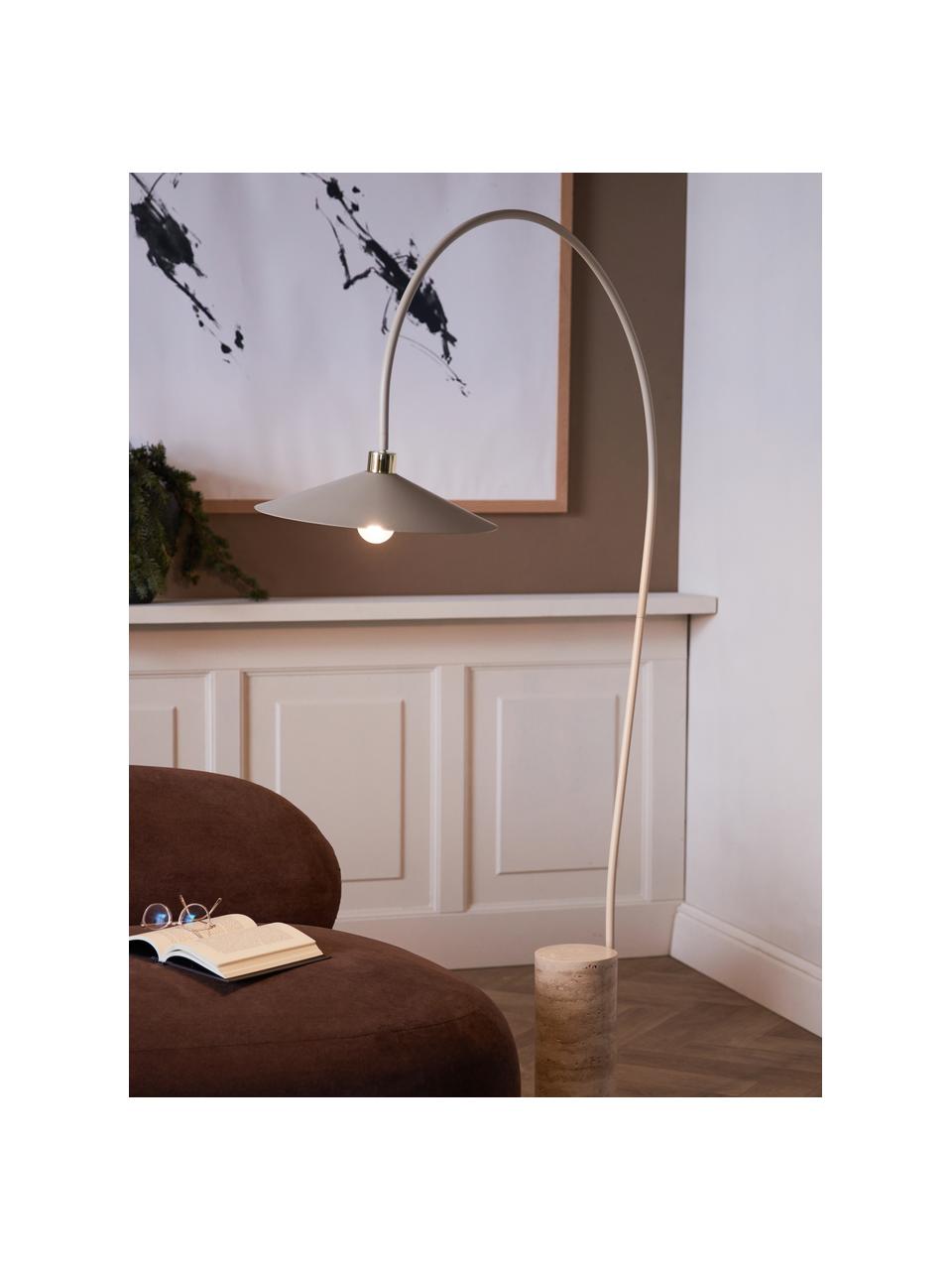 Lámpara arco de travertino Cora, Adornos: metal recubierto, Cable: cubierto en tela Dado que, Champán, beige, F 97 x Al 166 cm