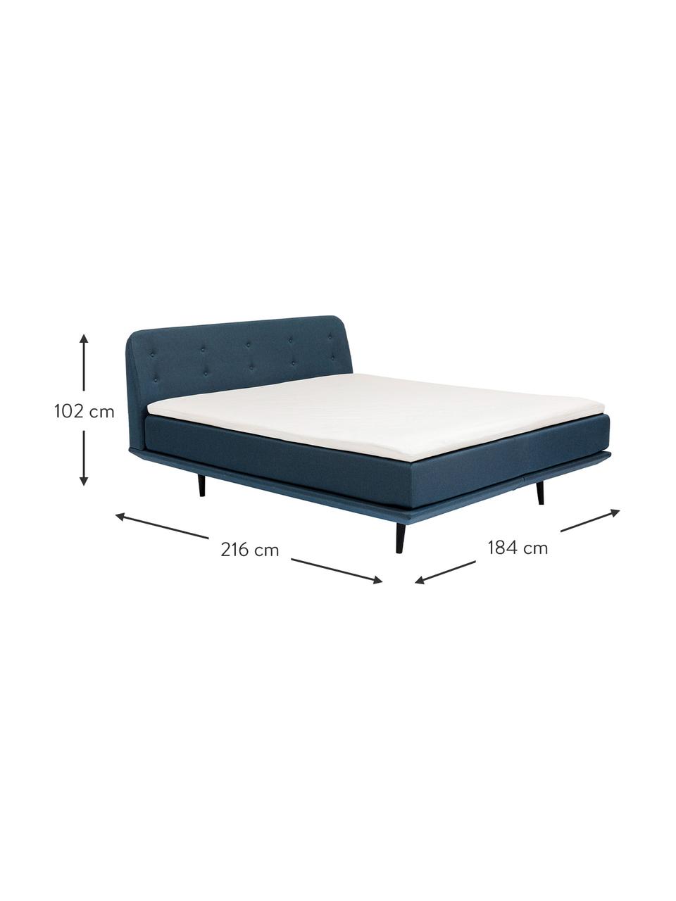 Cama continental Luna, Estructura: madera de haya maciza pin, Tapizado: 100% poliéster, Patas: madera de haya maciza pin, Tejido azul, 180 x 200 cm