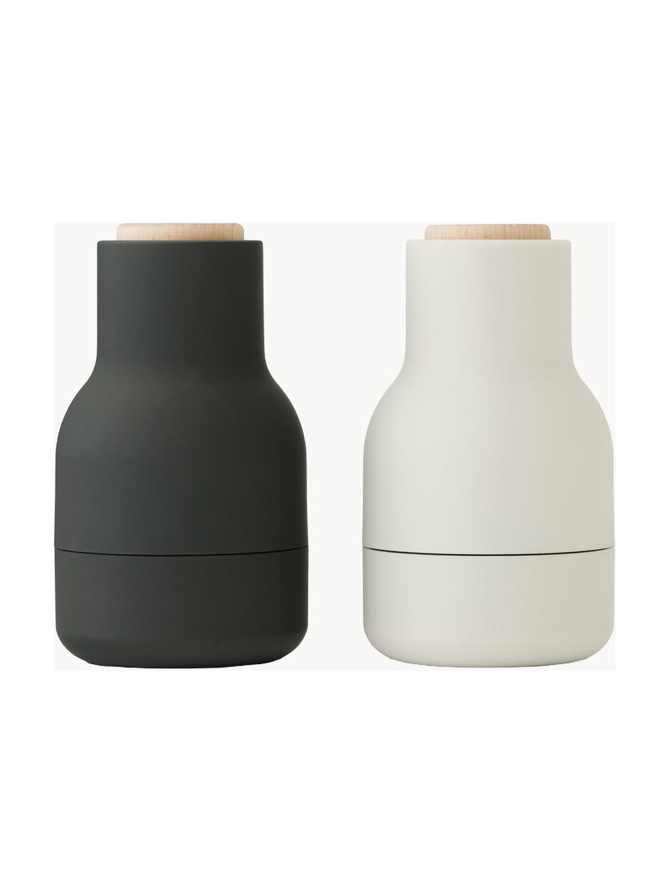 Salero y pimentero pequeños de diseño Bottle Grinder, 2 uds., Estructura: plástico, Grinder: cerámica, Negro, blanco Off White, madera de haya, Ø 7 x Al 12 cm