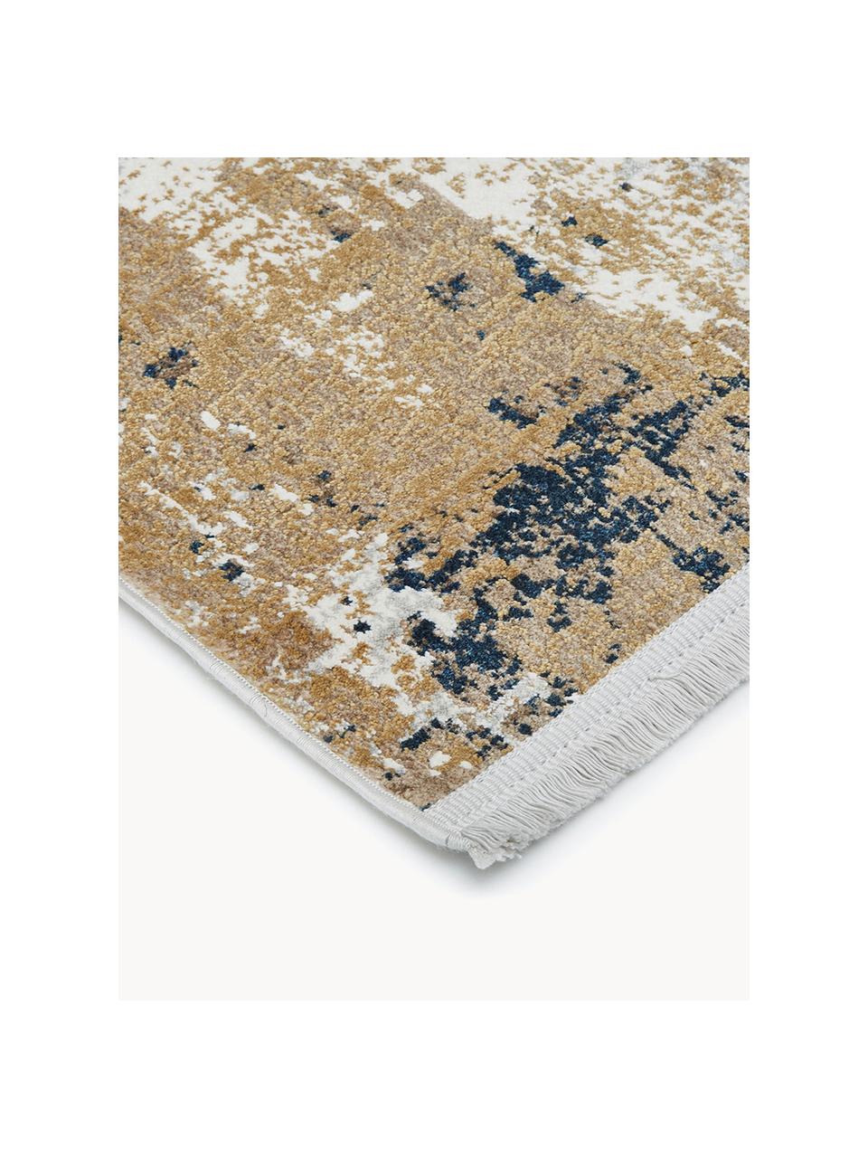 Tapis soyeux à poils ras et franges Verona, Beige, brun, bleu foncé, larg. 80 x long. 150 cm (taille XS)