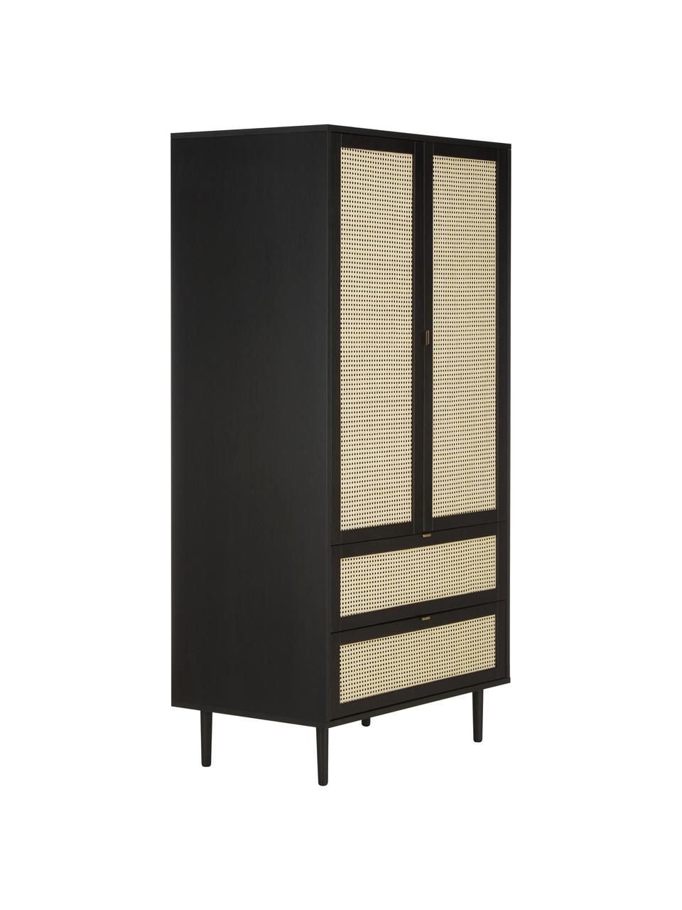 Armadio piccolo a 2 ante con intreccio viennese Aries, Struttura: truciolare con finitura i, Gambe: legno di quercia massicci, Intreccio viennese: canna di zucchero, Legno, nero verniciato, Larg. 100 x Lung. 194 cm