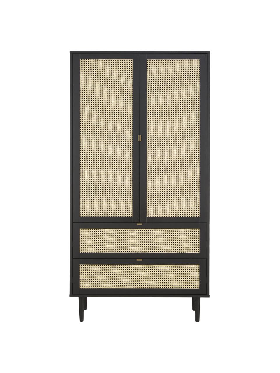 Malá šatníková skriňa s viedenským výpletom Aries, Drevo, čierná lakovaná, Š 100 x V 194 cm