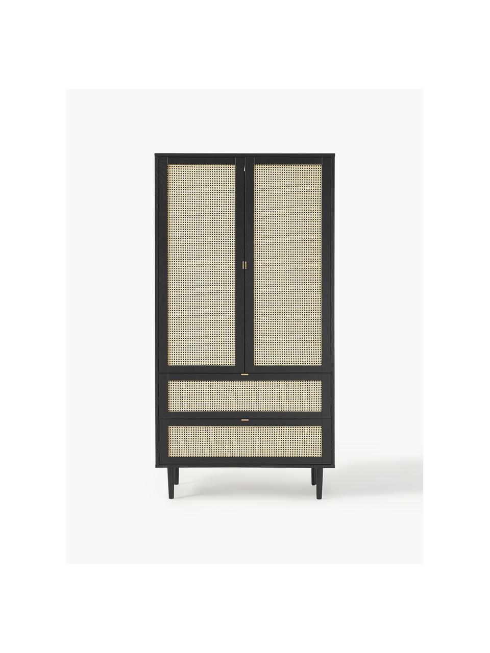 Armario pequeño con tejido vienés Aries, 2 puertas, Estructura: aglomerado con chapa de m, Patas: madera de roble maciza, Madera de roble pintada en negro, An 100 x Al 194 cm