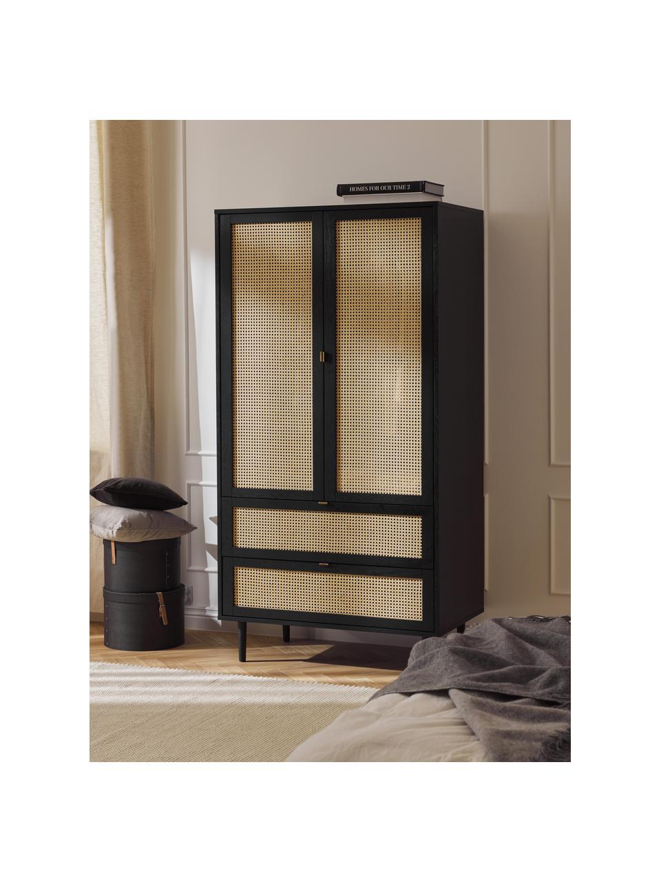 Armario pequeño con tejido vienés Aries, 2 puertas, Estructura: aglomerado con chapa de m, Patas: madera de roble, Madera de roble pintada en negro, An 100 x Al 194 cm