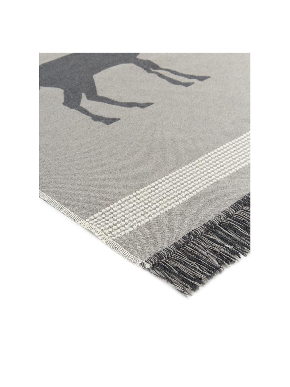 Kleiner Teppich Goliath mit Fransen und Hirschmotiv, 100% recycelte Baumwolle, Grau, Dunkelgrau, Beige, B 70 x L 120 cm (Grösse XS)