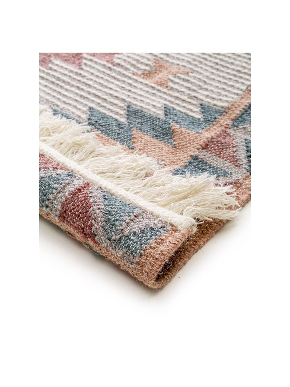 Tappeto Kilim tessuto a mano con motivo e frange Cari, 70% lana, 30% poliestere, Multicolore, Larg. 80 x Lung. 150 cm (taglia XS)