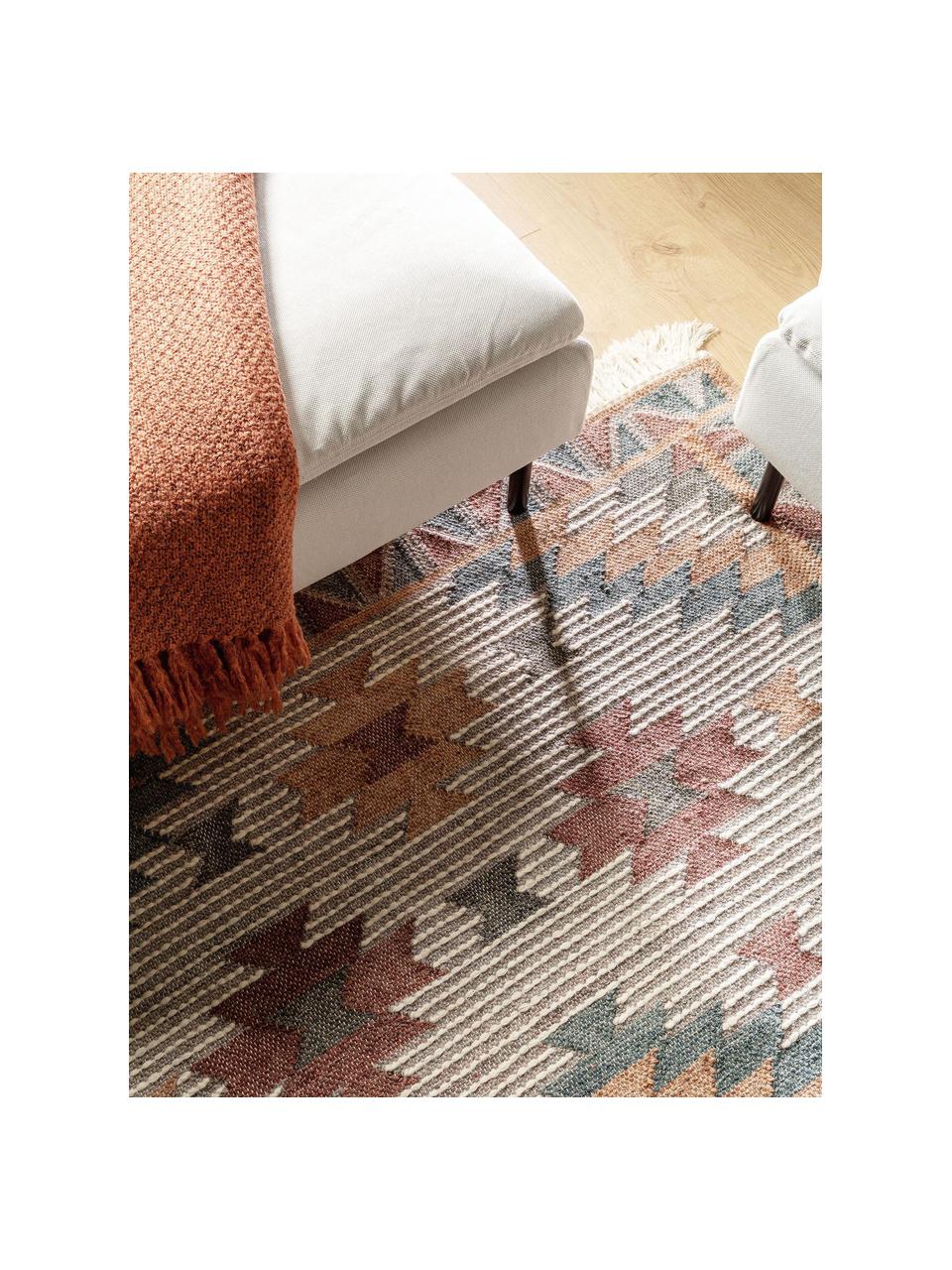 Handgeweven Kelim vloerkleed Cari met patroon en franjes, 70% wol, 30% polyester, Multicolour, B 80 x L 150 cm (maat XS)