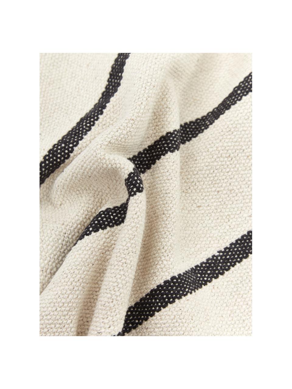 Gestreifte Kissenhülle Oyo mit Quasten, 100% Baumwolle, Schwarz, gebrochenes Weiß, 40 x 40 cm