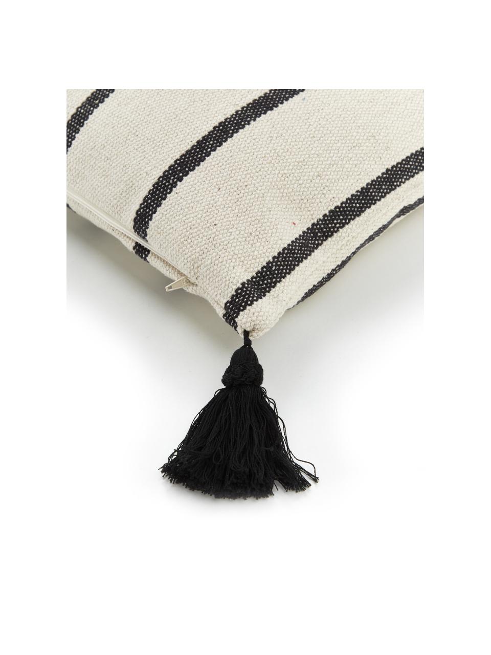 Funda de cojín con borlas Oyo, 100% algodón, Negro, blanco crudo, An 40 x L 40 cm