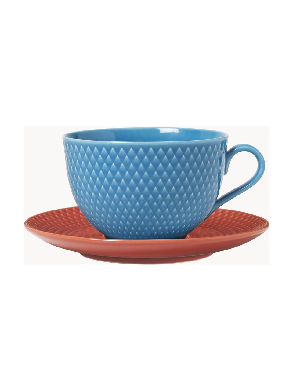 Taza de porcelana con platito Rhombe, Porcelana, Azul, terracota, Ø 12 x Al 8 cm, 390 ml