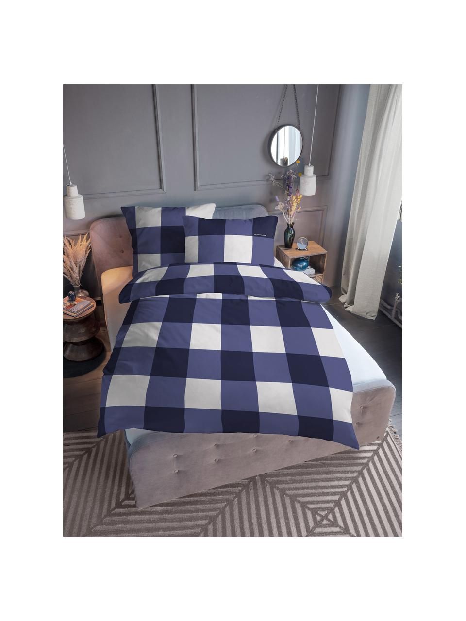 Kockovaná flanelová posteľná bielizeň Cosy, Modrá, biela