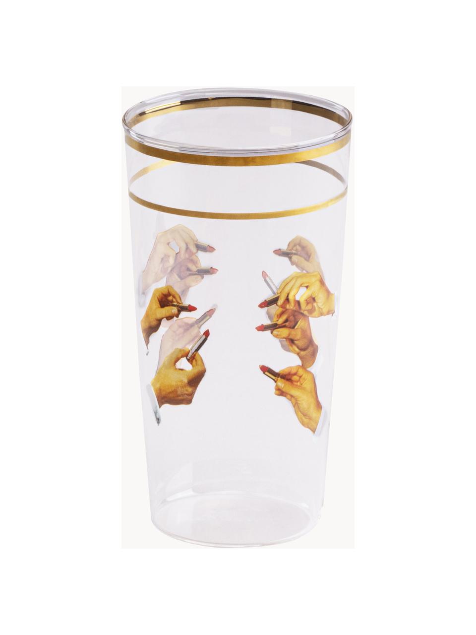 Design waterglas Lipsticks, Decoratie: goudkleurig, Transparant, geel, Ø 7 x H 13 cm, 375 ml