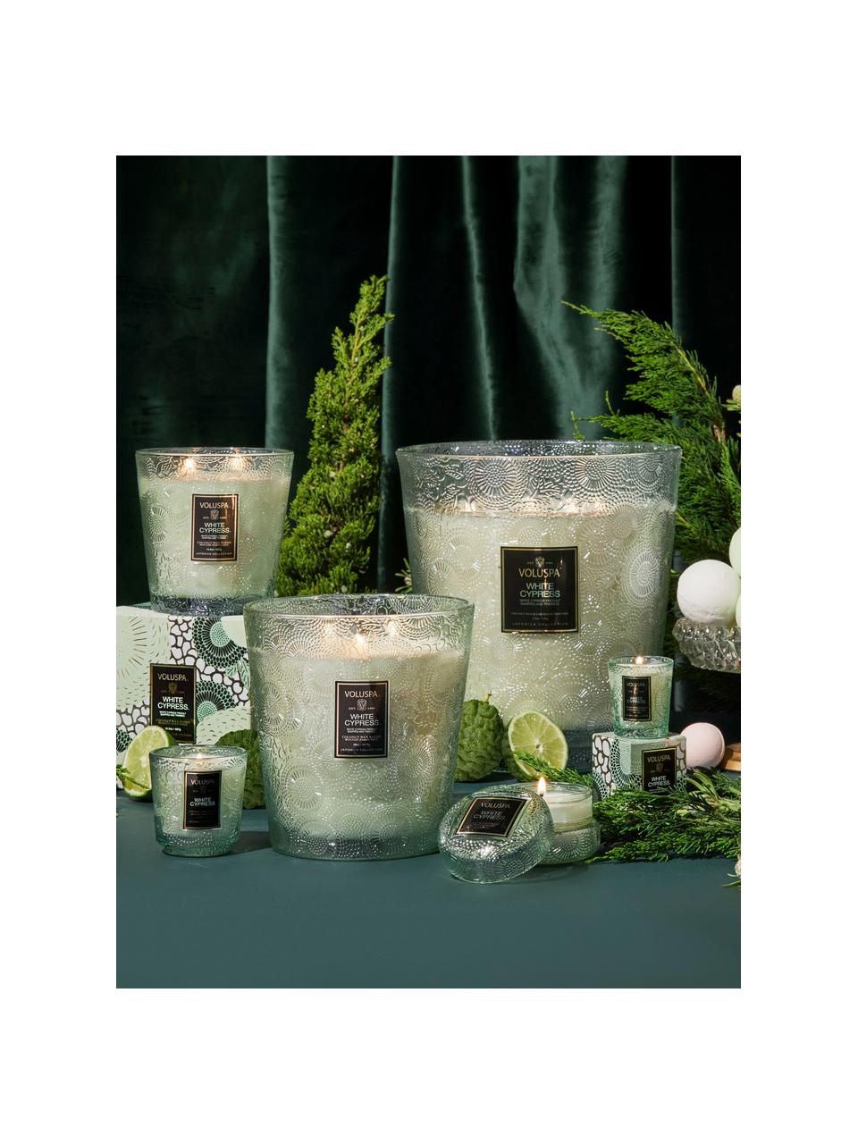 Candela profumata con cinque stoppini fatta a mano Japonica Collection (cipresso, bacche di ginepro, foglie di menta e l, Contenitore: vetro, Cipresso bianco, bacche di ginepro, foglie di menta e legno, Larg. 25 x Alt. 30 cm