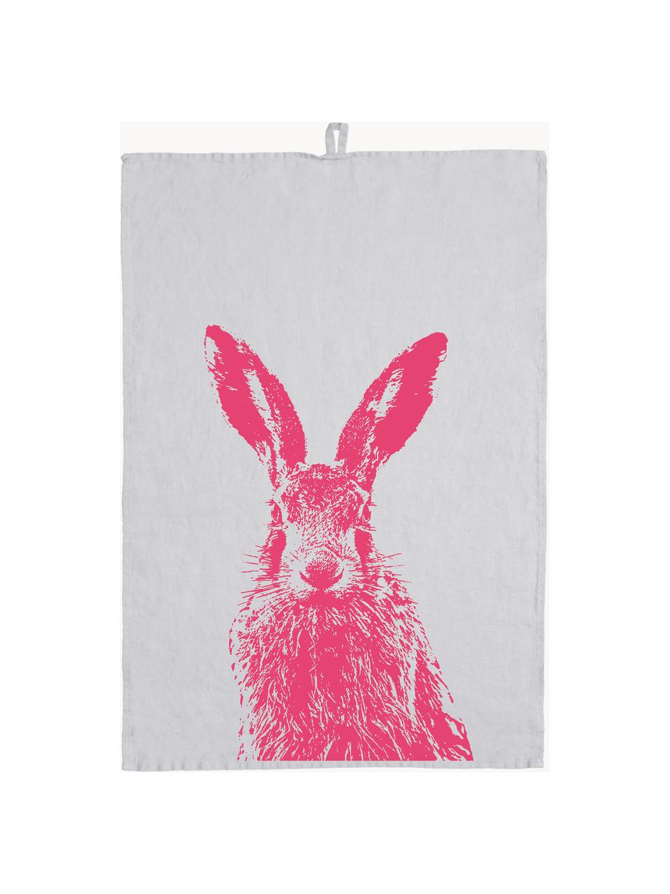 Leinen-Geschirrtuch Hare, handsiebbedruckt, 100 % Leinen, Hellgrau, Pink, B 50 x L 70 cm