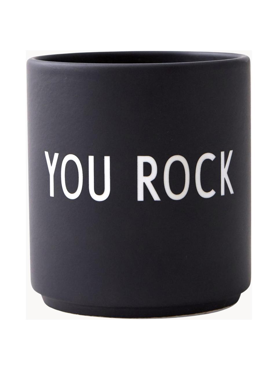 Dizajnový hrnček s nápisom Favourite YOU ROCK, Čínsky porcelán
Mäkký porcelán, ktorý sa vyznačuje predovšetkým žiarivým, priehľadným leskom, Čierna (You rock), Ø 8 x V 9 cm, 250 ml