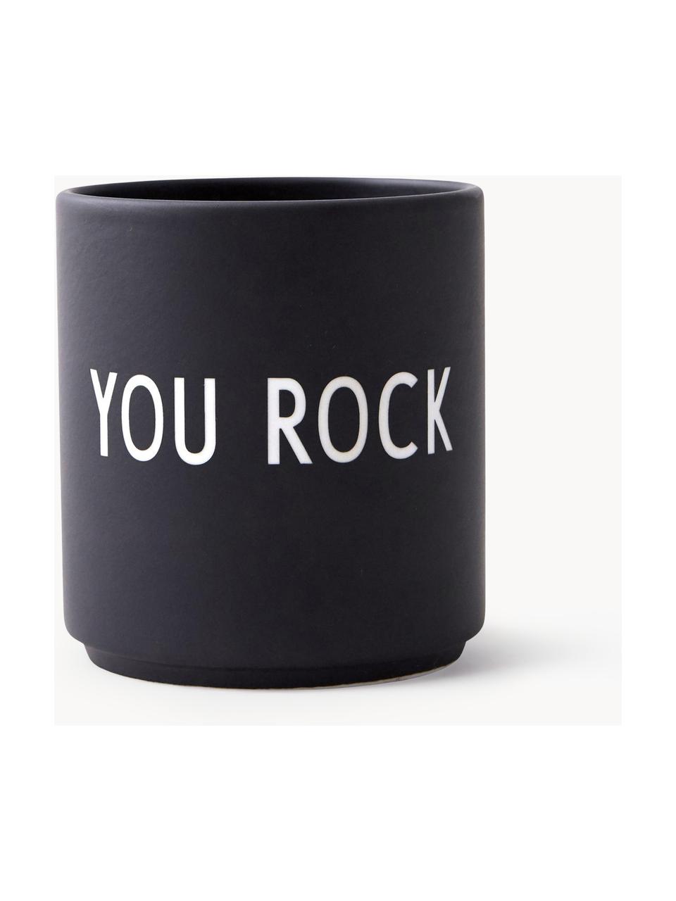 Dizajnový hrnček s nápisom Favourite YOU ROCK, Čínsky porcelán
Mäkký porcelán, ktorý sa vyznačuje predovšetkým žiarivým, priehľadným leskom, Čierna (You rock), Ø 8 x V 9 cm, 250 ml