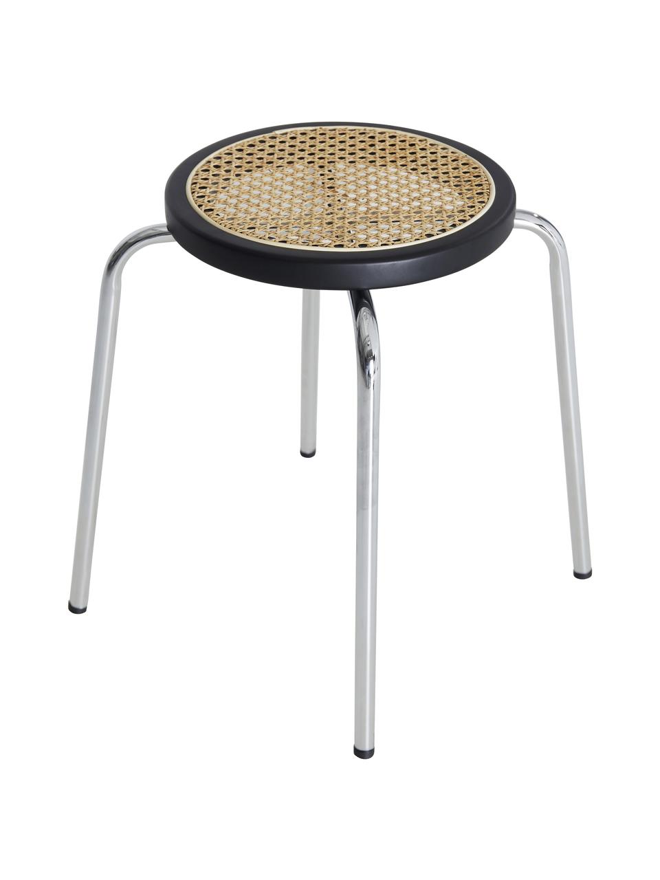 Ronde kruk Ibiza, Zitvlak: rotan, Rand: berkenhout, Frame: verchroomd metaal, Beige, zwart, chroomkleurig, Ø 35 x H 44 cm