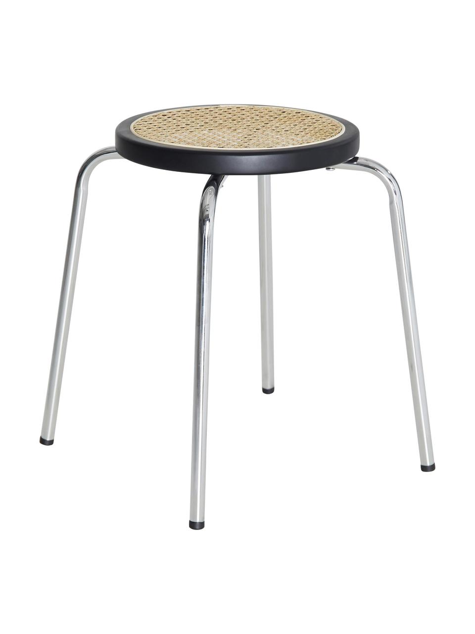 Okrągły stołek z rattanowym siedziskiem Ibiza, Stelaż: metal chromowany, Beżowy, czarny, odcienie chromu, Ø 35 x W 44 cm