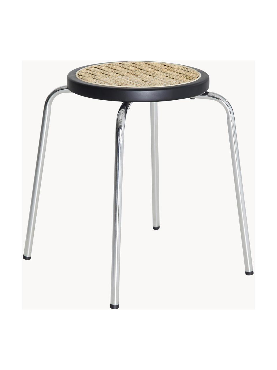Okrągły stołek z rattanowym siedziskiem Ibiza, Stelaż: metal chromowany, Beżowy, czarny, odcienie chromu, Ø 35 x W 44 cm