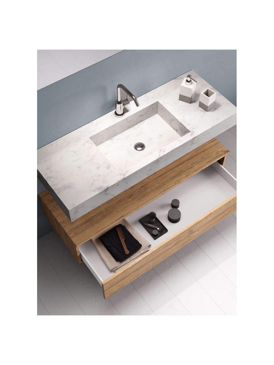 Set lavabo Yoka, 4 uds., Tablero: encimera de laminado HPL , Espejo: vidrio, Parte trasera: plástico ABS, Lámpara: aluminio recubierto, Aspecto mármol blanco, aspecto de madera de roble, Set de diferentes tamaños