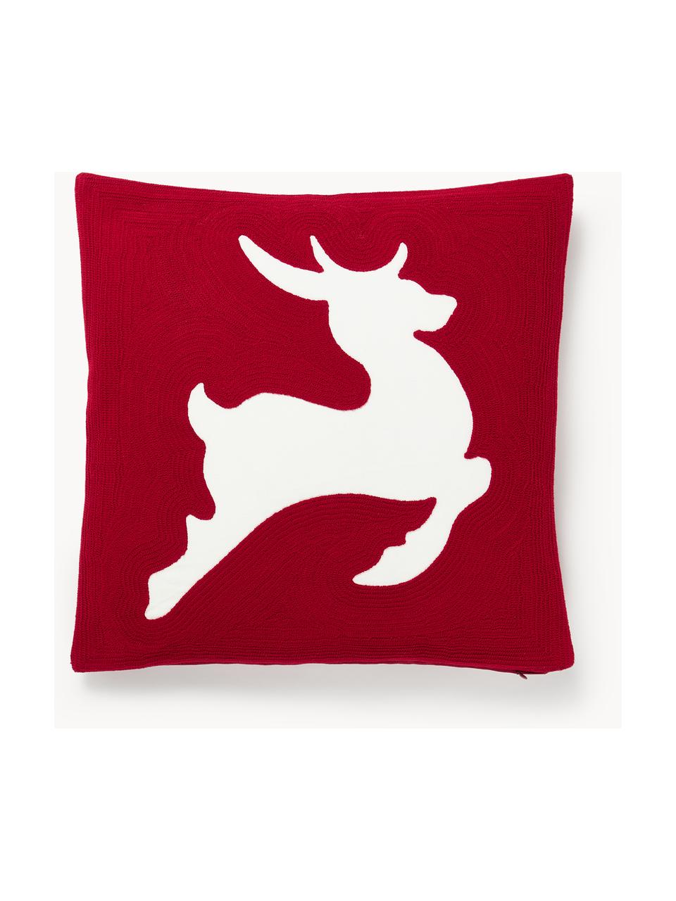 Housse de coussin brodée avec motif cerf Elysia, Rouge, blanc, larg. 50 x long. 50 cm