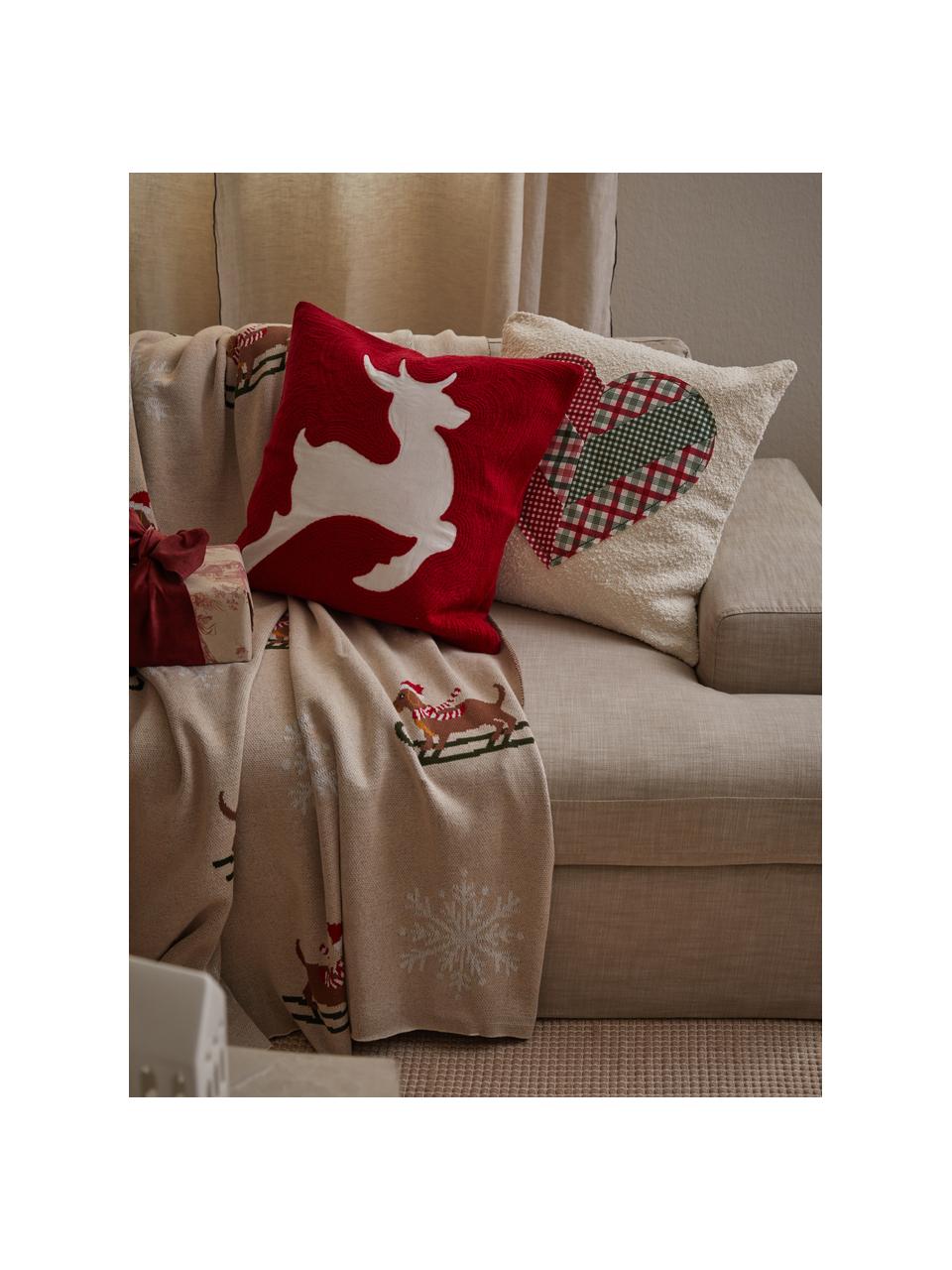 Bestickte Kissenhülle Elysia mit Hirsch-Motiv, Hülle: 100 % Baumwolle, Rot, Weiß, B 50 x L 50 cm