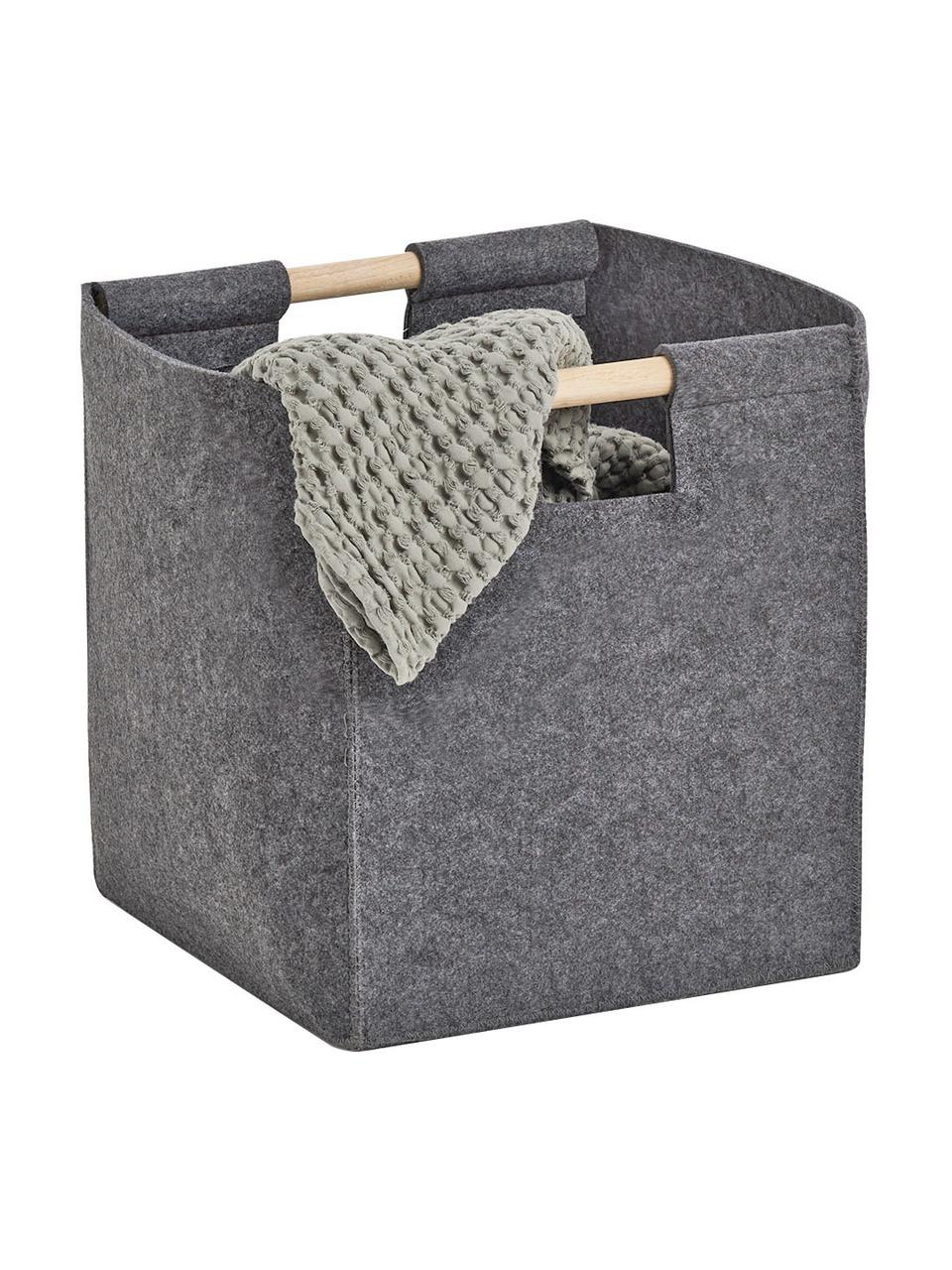 Opbergmand Fritz, Mand: 100% polyester (vilt), Handvatten: populierenhout, Grijs, B 30 cm x H 35 cm