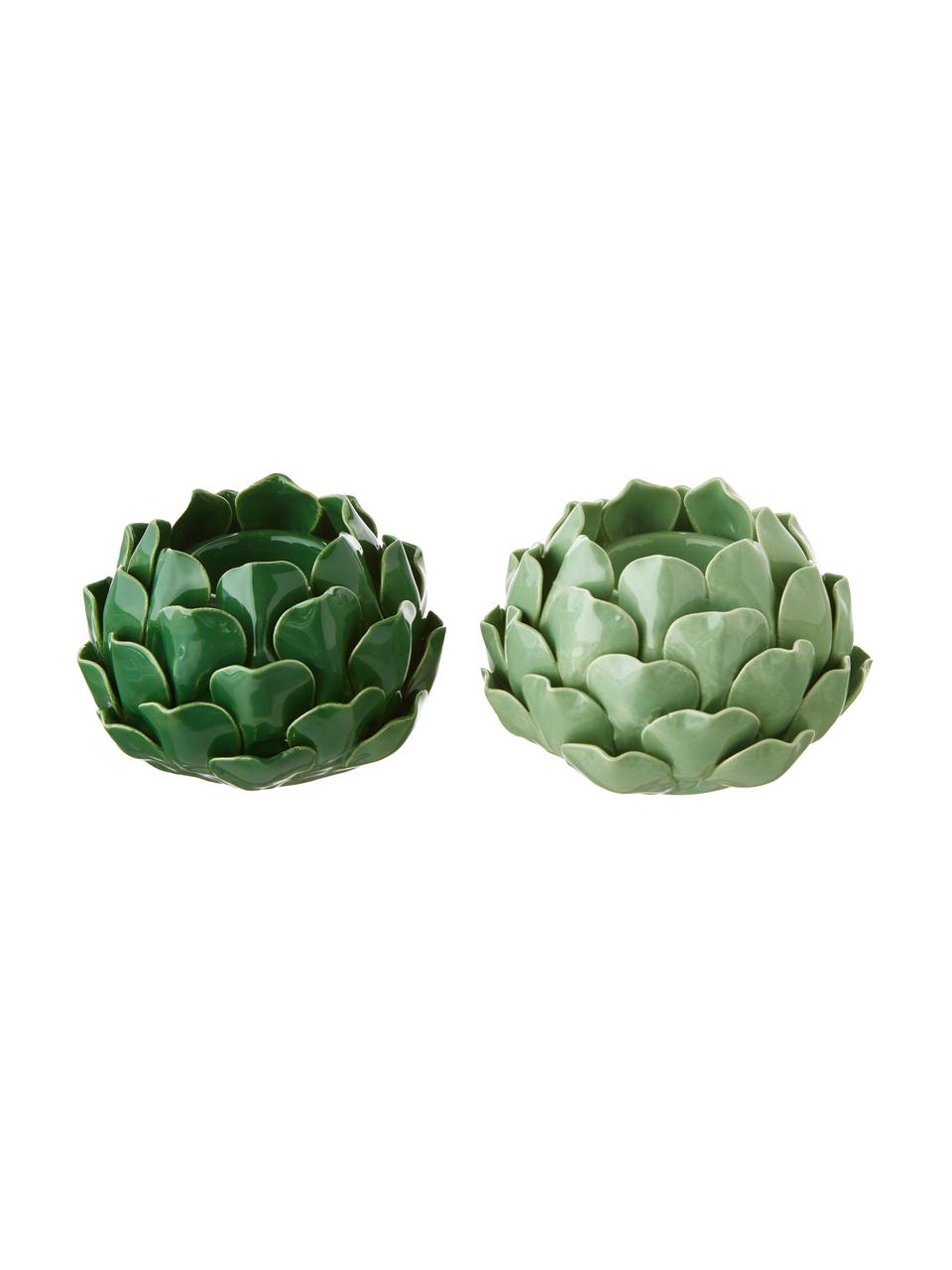 Set de portavelas Rose, 2 pzas., Gres, Verde claro, verde oscuro, Ø 14 x Al 9 cm