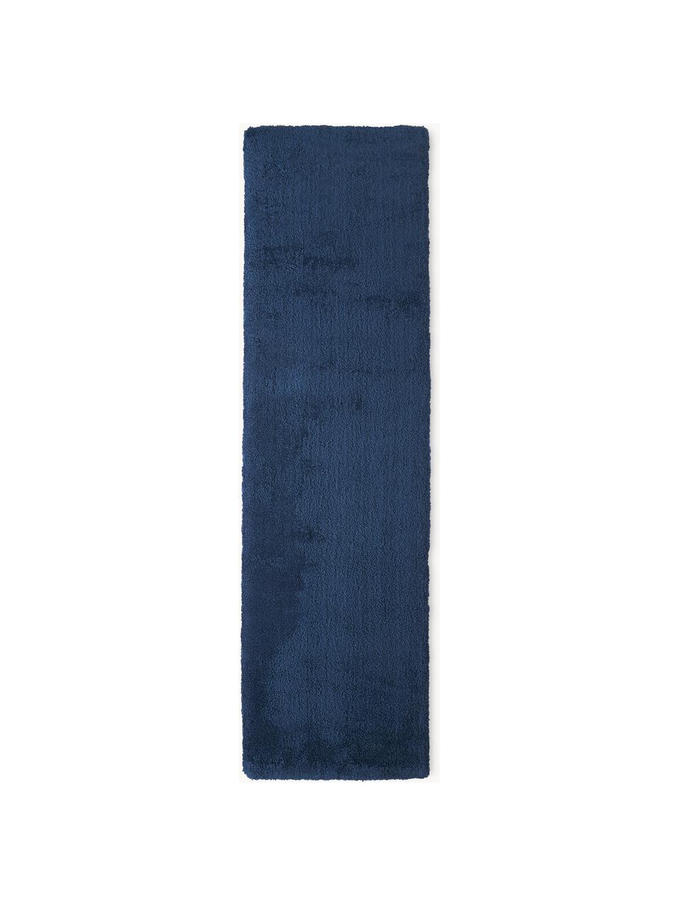 Alfombra corredor de pelo largo Leighton, Parte superior: microfibra (100% poliéste, Reverso: 70% poliéster, 30% algodó, Azul oscuro, An 80 x L 200 cm