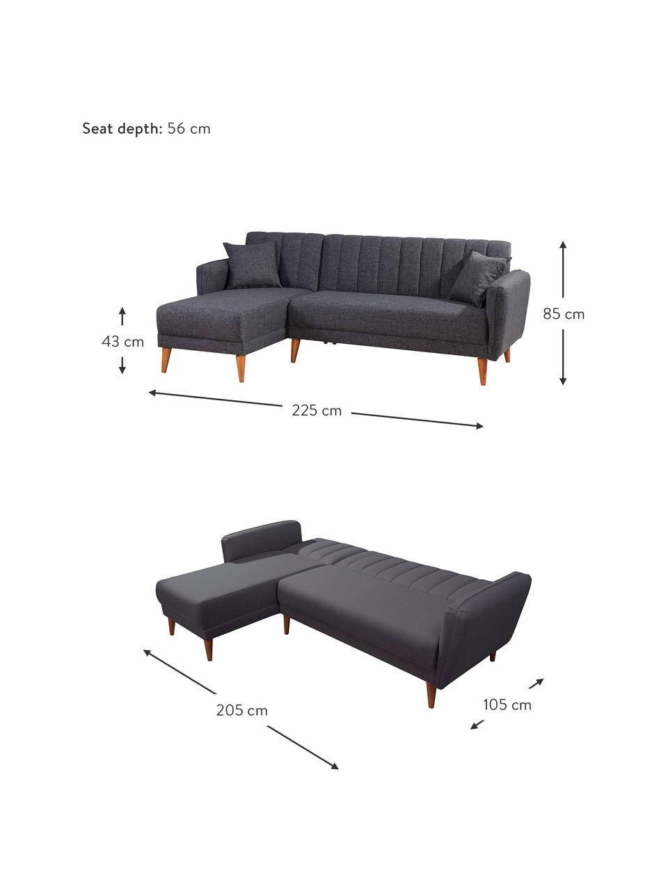 Divano letto 3 posti in tessuto grigio scuro Aqua, Rivestimento: lino, Struttura: legno di corno, metallo, Piedini: legno, Grigio, Larg. 225 x Prof. 145 cm