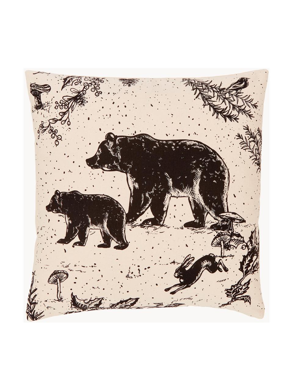 Copricuscino in cotone organico Animal Toile, 100% cotone organico certificato GOTS, Beige chiaro, nero, Larg. 45 x Lung. 45 cm