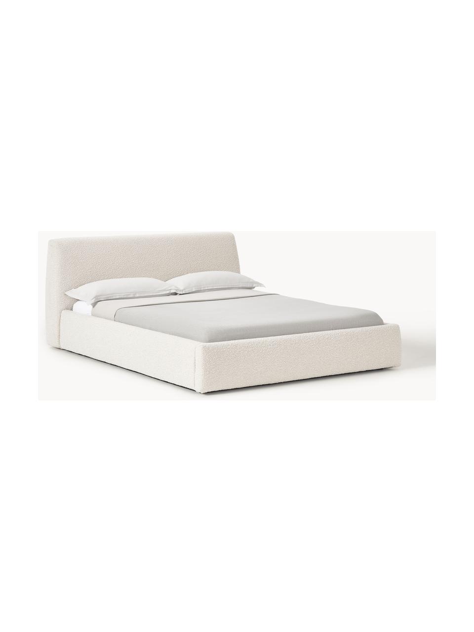 Cama tapizada en tejido bouclé con espacio de almacenaje Cloud, Tapizado: tejido bouclé (80% poliés, Cuerpo: madera de pino y abeto ma, Patas: madera de abedul pintada , Bouclé blanco Off White, An 140 x L 200 cm