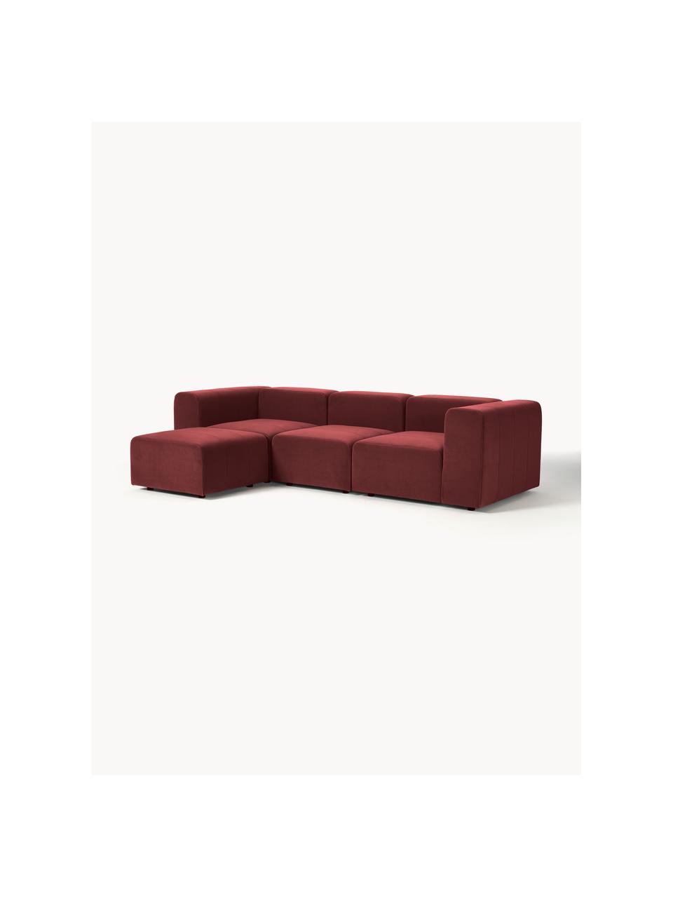 Modulares Samt-Sofa Lena (4-Sitzer) mit Hocker, Bezug: Samt (100 % Polyester) De, Gestell: Kiefernholz, Schichtholz,, Füße: Kunststoff, Samt Weinrot, B 284 x T 181 cm