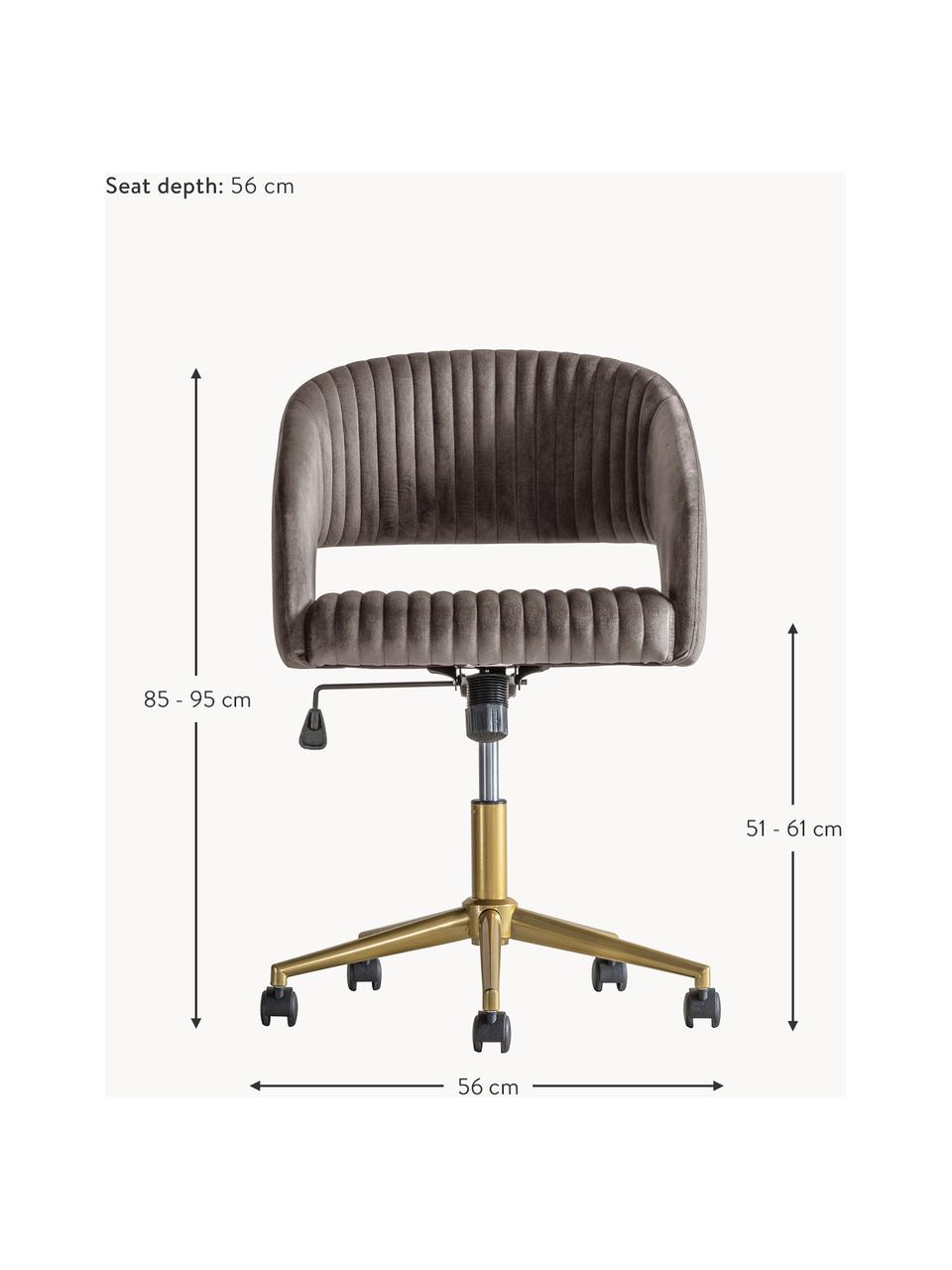 Samt-Schreibtischstuhl Murray, höhenverstellbar, Bezug: Polyestersamt, Beine: Metall, galvanisiert, Rollen: Kunststoff (Nylon), Samt Dunkelgrau, Goldfarben, B 56 x T 52 cm