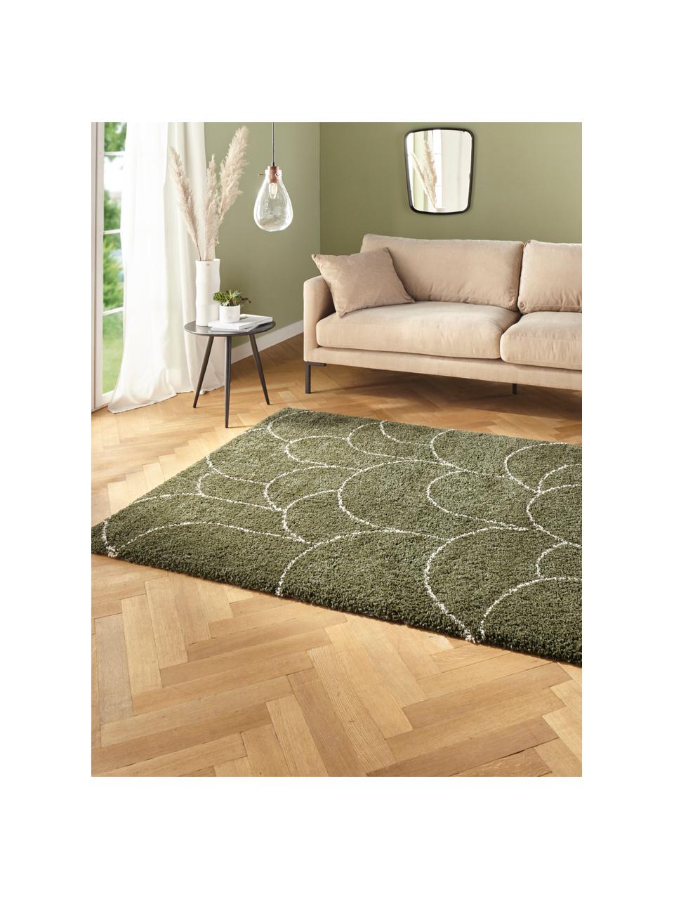 Tapis shaggy vert Desso, 100 % polypropylène, Vert forêt, crème, larg. 80 x long. 150 cm (taille XS)