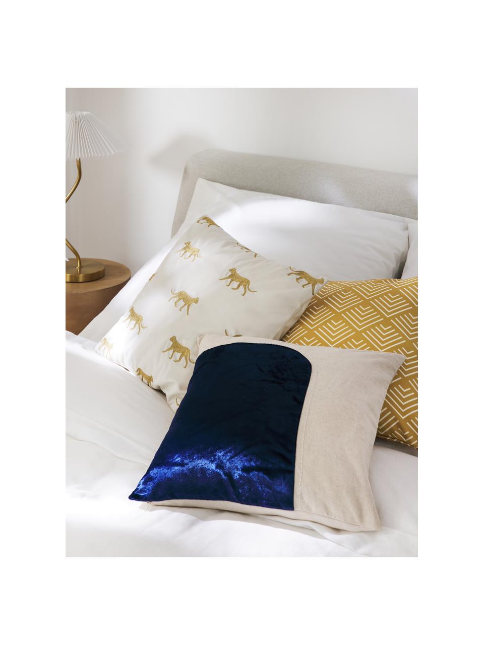 Poszewka na poduszkę z aksamitu z haftem Farah, Ciemny niebieski, beżowy, S 45 x D 45 cm