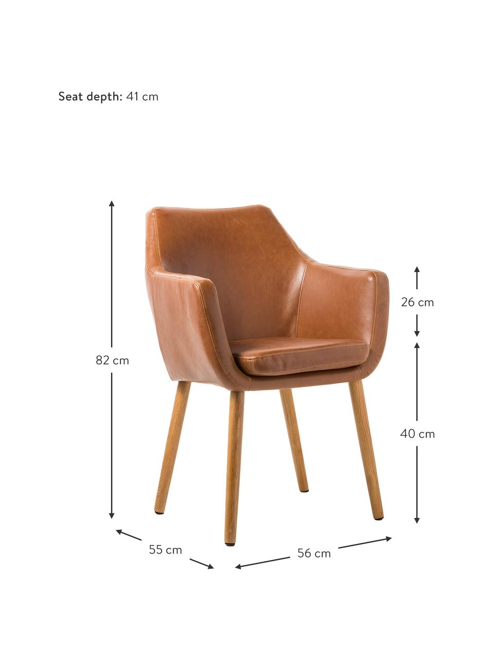 Stolička z umelej kože s opierkami a s drevenými nohami Nora, Umelá koža koňaková, svetlé dubové drevo, Š 56 x H 55 cm