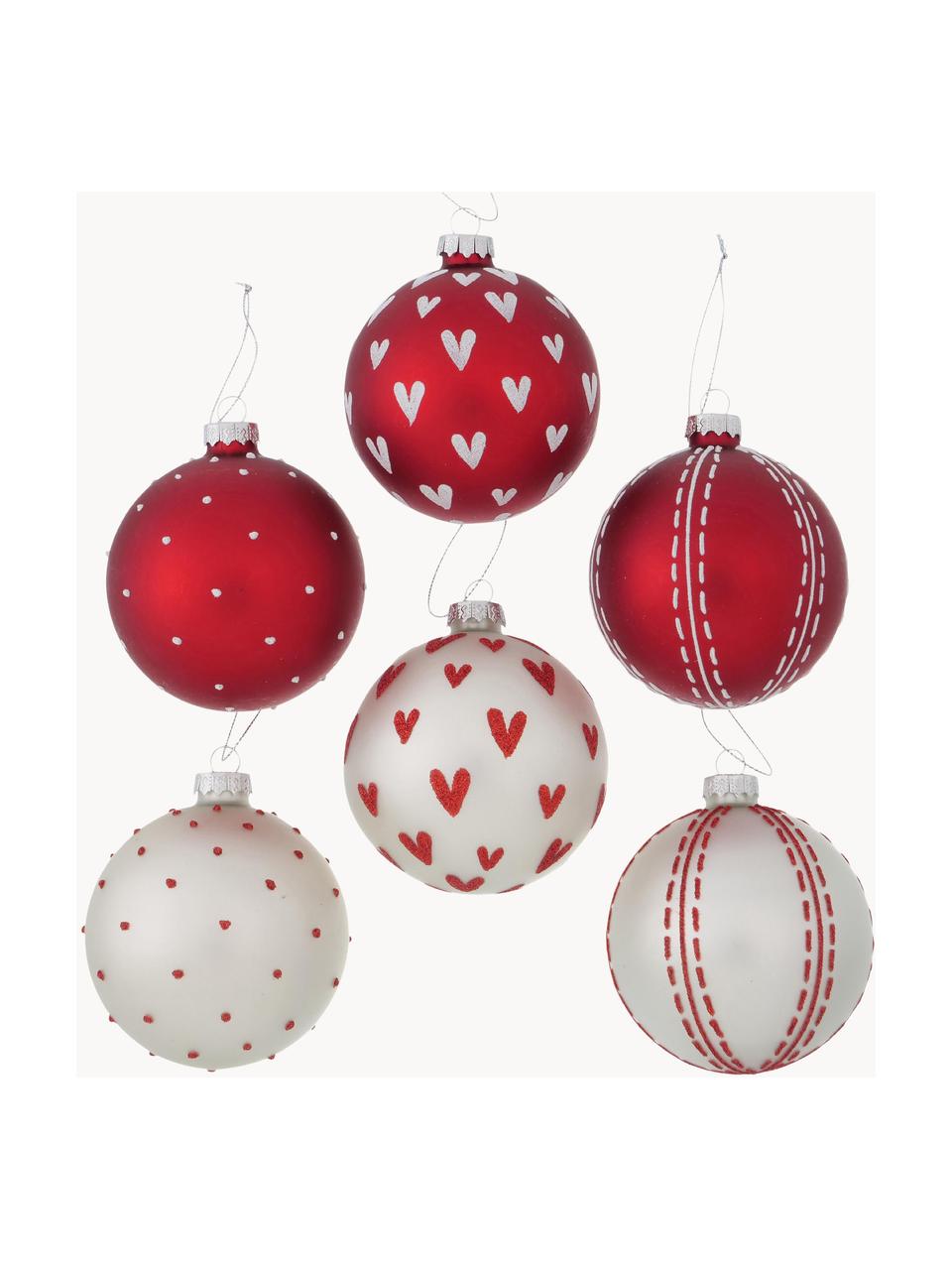 Boules de Noël artisanales Herzilein, 12 élém., Rouge, blanc, couleur argentée, Ø 8 cm