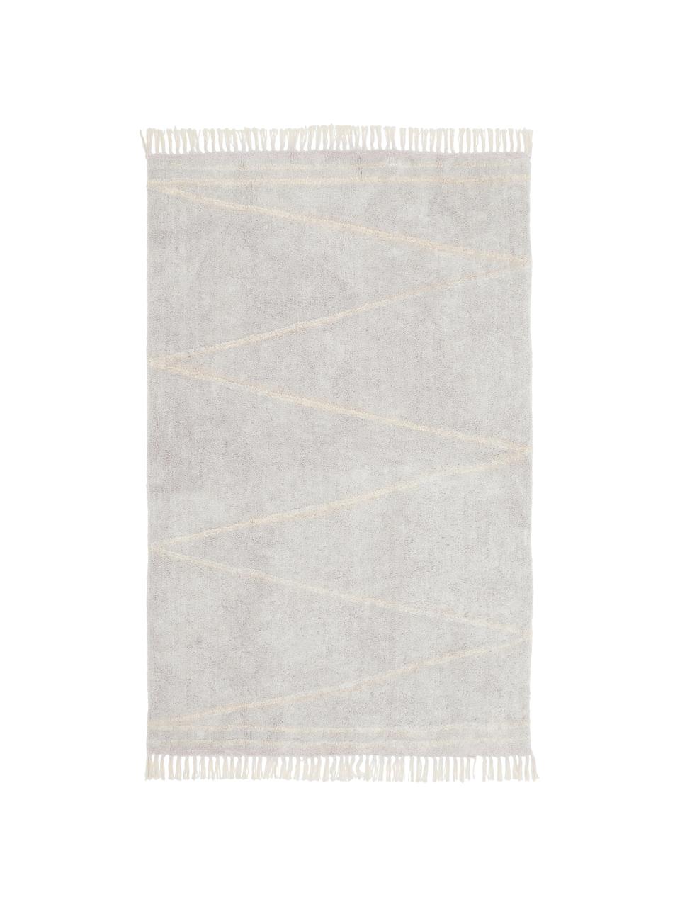 Handgetufteter Baumwollteppich Asisa mit Zickzack-Muster und Fransen, Grau- und Gelbtöne, B 80 x L 150 cm (Größe XS)