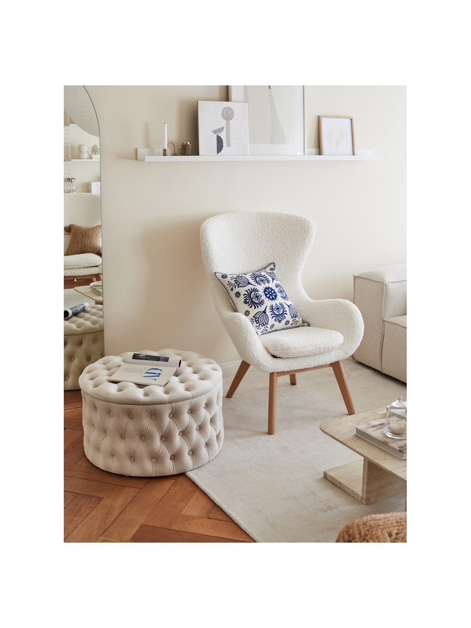 Teddy fauteuil Wing in crèmewit met houten poten, Bekleding: polyester (teddyvacht), Poten: gelakt massief hout met e, Crèmewit, B 77 x D 89 cm