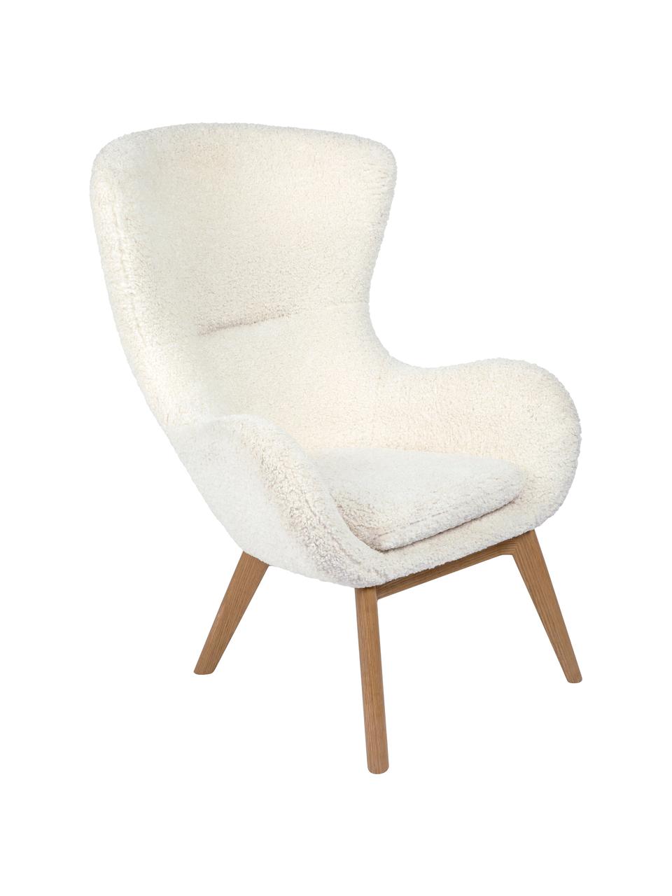 Poltrona in teddy con gambe in legno Wing, Rivestimento: poliestere (teddy) Con 40, Gambe: legno massiccio con finit, Teddy bianco crema, Larg. 77 x Prof. 89 cm